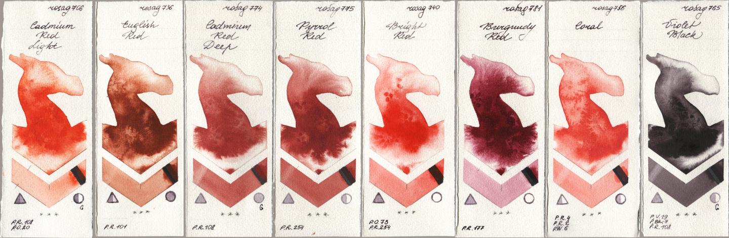 Rosa Gallery 706 Cadmium Red Light, 736 English Red, 774 Cadmium Red Deep, 775 Pyrrole Red, 740 Bright Red, 781 Burgundy Red, 756 Coral, 765 Violet Bla watercolor swatch