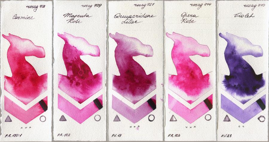 Rosa Gallery 708 Carmine vs 709 Magenta Rose vs 727 Quinacridone Lilac vs 744 Opera Rose vs 710 Violet watercolor swatch