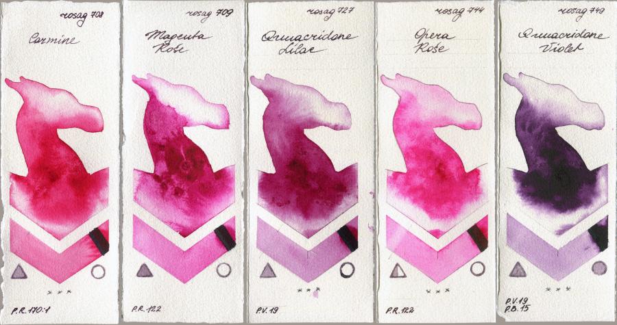 Rosa Gallery 708 Carmine vs 709 Magenta Rose vs 727 Quinacridone Lilac vs 744 Opera Rose vs 749 Quinacridone Violet watercolor swatch