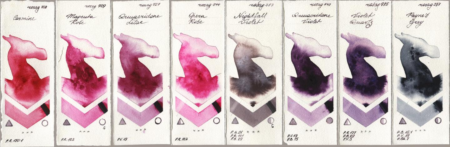 Rosa Gallery 708 Carmine, 709 Magenta Rose, 727 Quinacridone Lilac, 744 Opera Rose, 787 Nightfall Violet, 749 Quinacridone Violet, 785 Violet Quartz, 737 Paynes Gr watercolor swatch