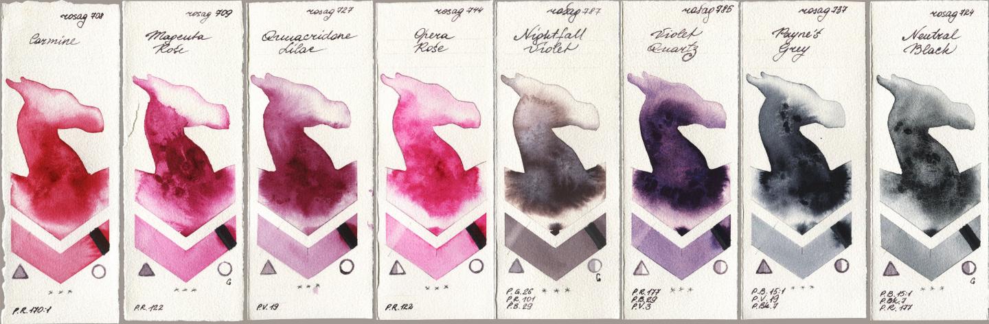 Rosa Gallery 708 Carmine, 709 Magenta Rose, 727 Quinacridone Lilac, 744 Opera Rose, 787 Nightfall Violet, 785 Violet Quartz, 737 Paynes Grey, 724 Neutral Bla watercolor swatch