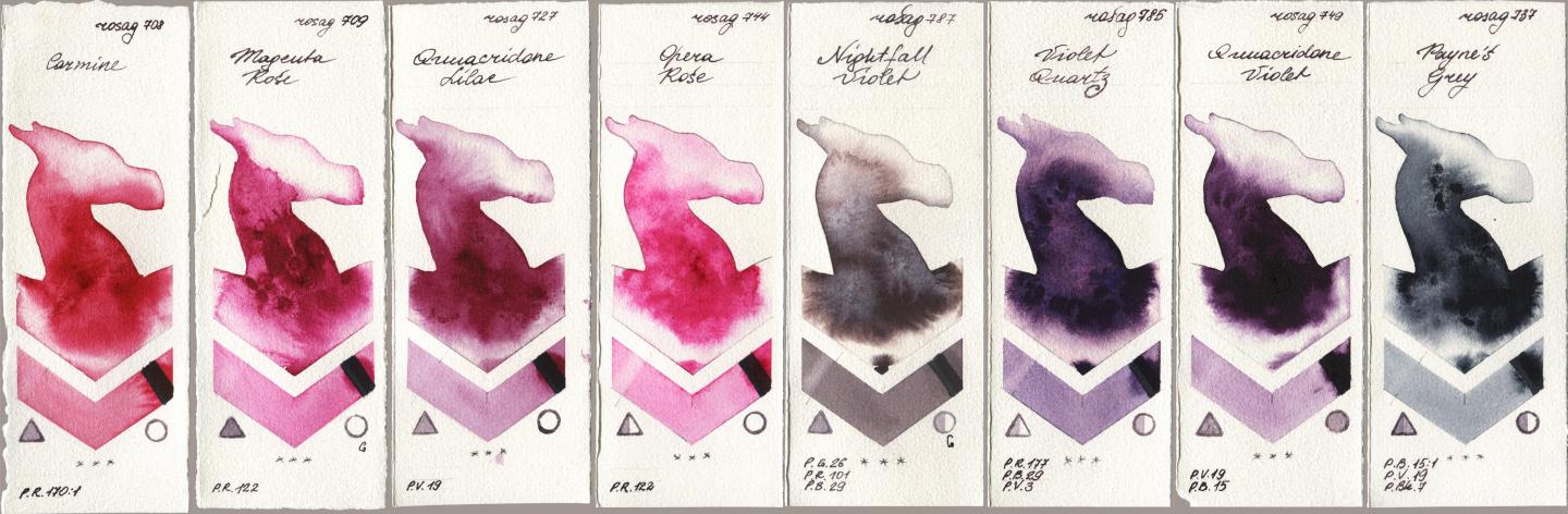 Rosa Gallery 708 Carmine, 709 Magenta Rose, 727 Quinacridone Lilac, 744 Opera Rose, 787 Nightfall Violet, 785 Violet Quartz, 749 Quinacridone Violet, 737 Paynes Gr watercolor swatch