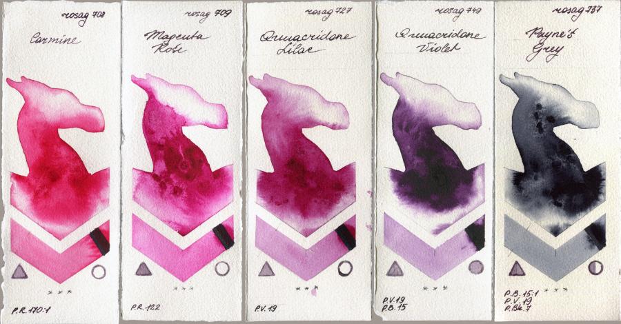 Rosa Gallery 708 Carmine vs 709 Magenta Rose vs 727 Quinacridone Lilac vs 749 Quinacridone Violet vs 737 Paynes Grey watercolor swatch