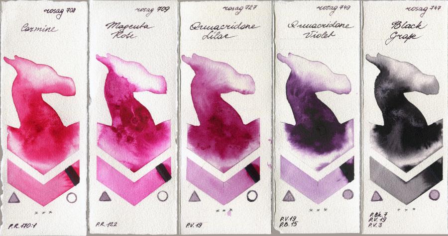 Rosa Gallery 708 Carmine vs 709 Magenta Rose vs 727 Quinacridone Lilac vs 749 Quinacridone Violet vs 747 Black Grape watercolor swatch