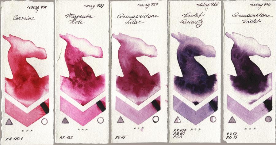 Rosa Gallery 708 Carmine vs 709 Magenta Rose vs 727 Quinacridone Lilac vs 785 Violet Quartz vs 749 Quinacridone Violet watercolor swatch