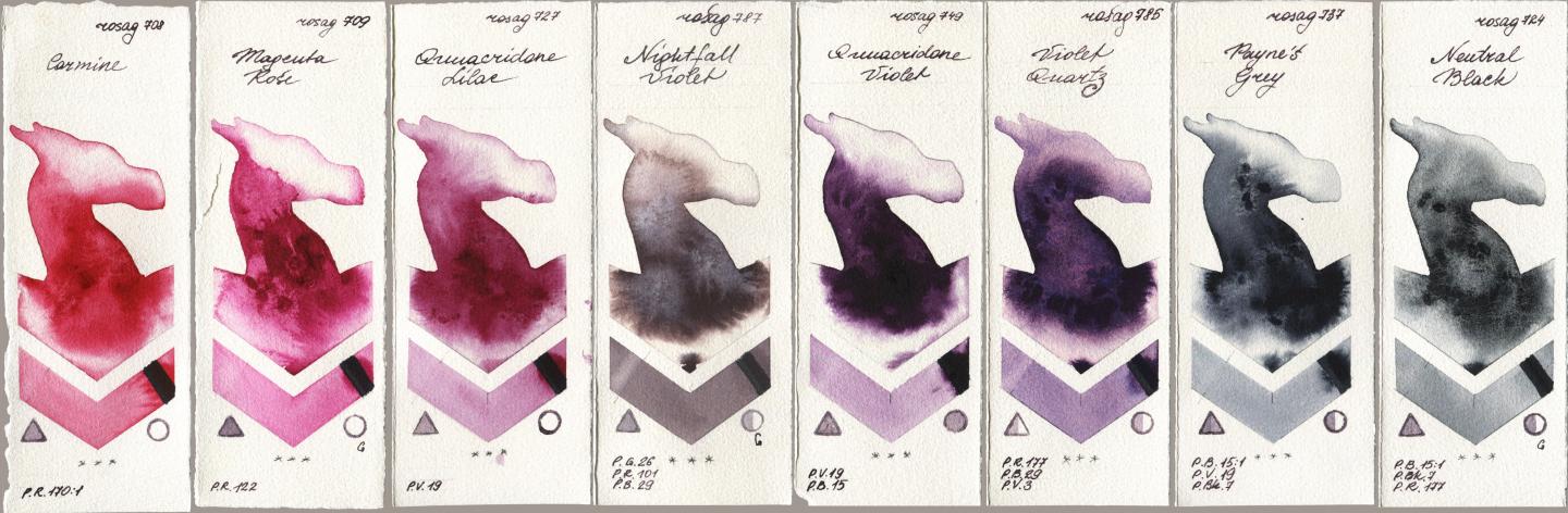 Rosa Gallery 708 Carmine, 709 Magenta Rose, 727 Quinacridone Lilac, 787 Nightfall Violet, 749 Quinacridone Violet, 785 Violet Quartz, 737 Paynes Grey, 724 Neutral Bla watercolor swatch