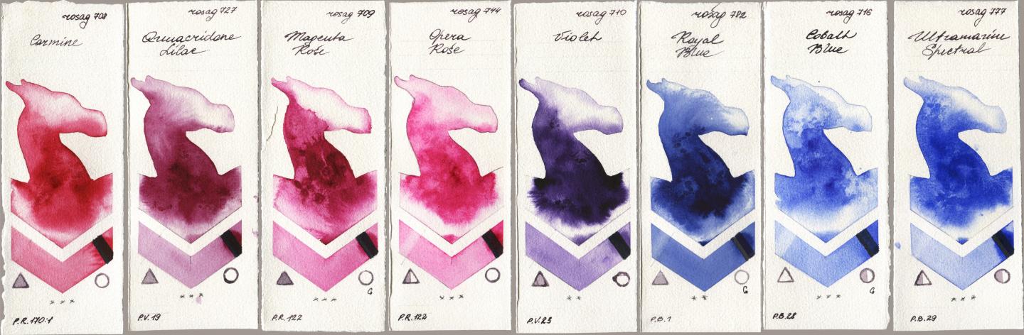 Rosa Gallery 708 Carmine, 727 Quinacridone Lilac, 709 Magenta Rose, 744 Opera Rose, 710 Violet, 782 Royal Blue, 716 Cobalt Blue, 777 Ultramarine Spectr watercolor swatch