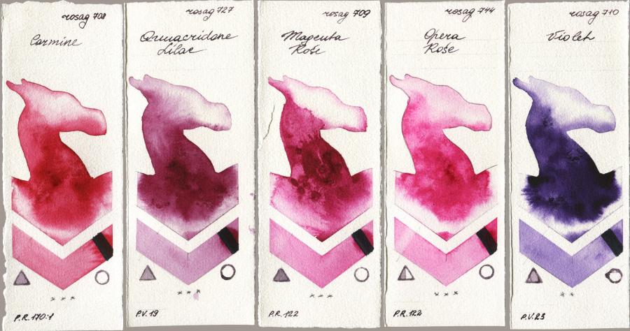 Rosa Gallery 708 Carmine vs 727 Quinacridone Lilac vs 709 Magenta Rose vs 744 Opera Rose vs 710 Violet watercolor swatch