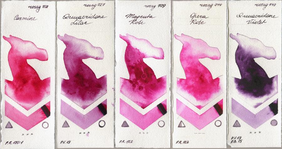 Rosa Gallery 708 Carmine vs 727 Quinacridone Lilac vs 709 Magenta Rose vs 744 Opera Rose vs 749 Quinacridone Violet watercolor swatch