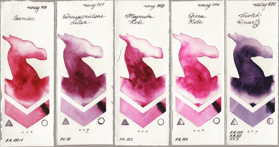Rosa Gallery 708 Carmine vs 727 Quinacridone Lilac vs 709 Magenta Rose vs 744 Opera Rose vs 785 Violet Quartz watercolor swatch