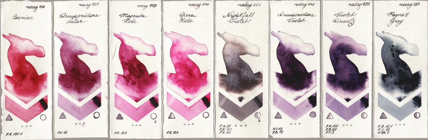 Rosa Gallery 708 Carmine, 727 Quinacridone Lilac, 709 Magenta Rose, 744 Opera Rose, 787 Nightfall Violet, 749 Quinacridone Violet, 785 Violet Quartz, 737 Paynes Gr watercolor swatch