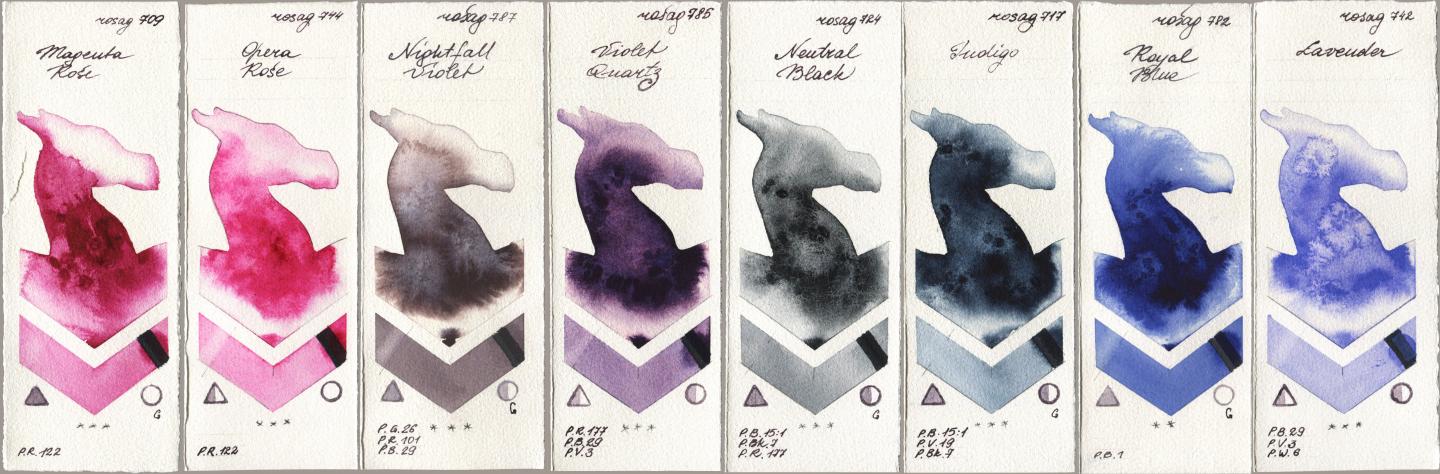 Rosa Gallery 709 Magenta Rose, 744 Opera Rose, 787 Nightfall Violet, 785 Violet Quartz, 724 Neutral Black, 717 Indigo, 782 Royal Blue, 742 Lavend watercolor swatch