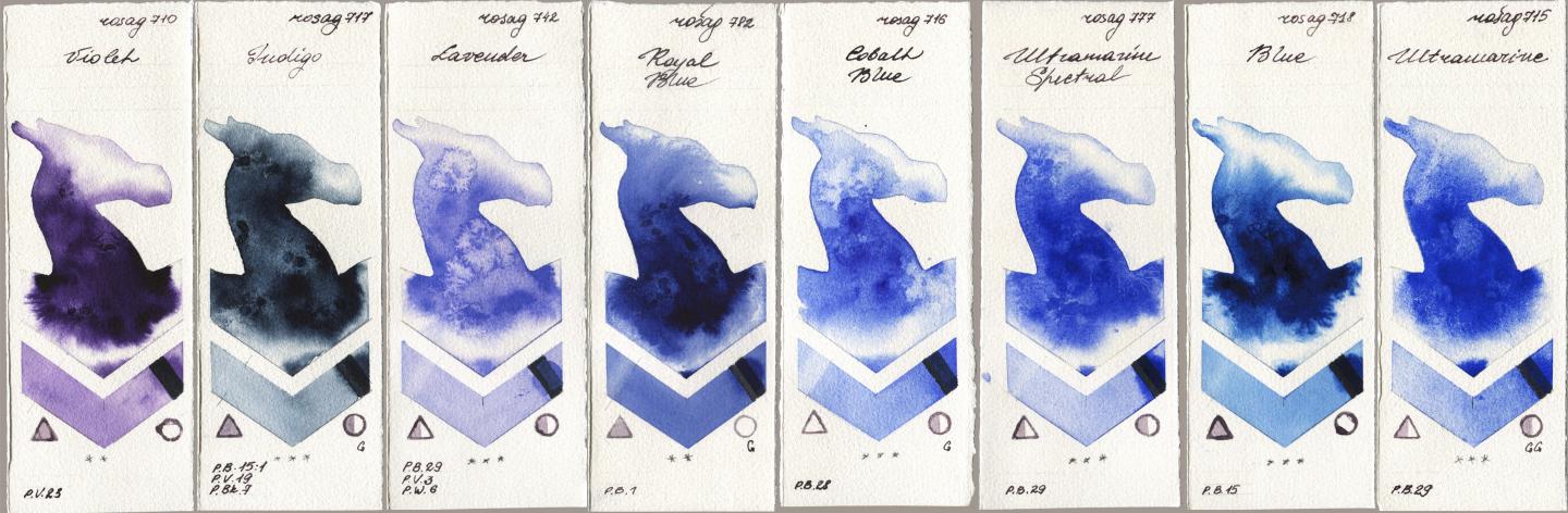 Rosa Gallery 710 Violet, 717 Indigo, 742 Lavender, 782 Royal Blue, 716 Cobalt Blue, 777 Ultramarine Spectral, 718 Blue, 715 Ultramari watercolor swatch