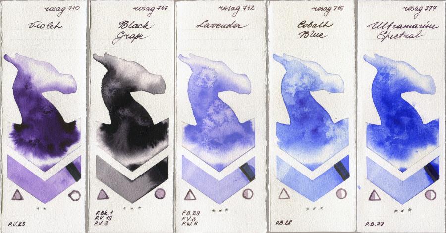 Rosa Gallery 710 Violet vs 747 Black Grape vs 742 Lavender vs 716 Cobalt Blue vs 777 Ultramarine Spectral watercolor swatch