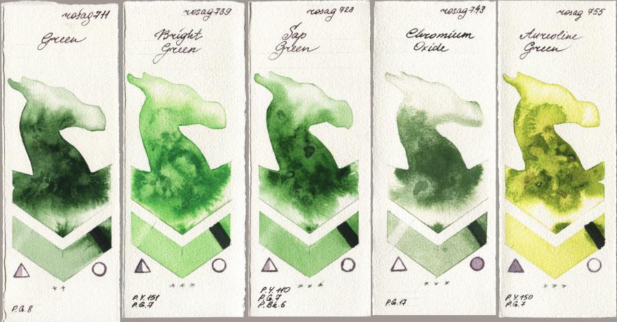 Rosa Gallery 711 Green vs 739 Bright Green vs 728 Sap Green vs 743 Chromium Oxide vs 755 Aureoline Green watercolor swatch