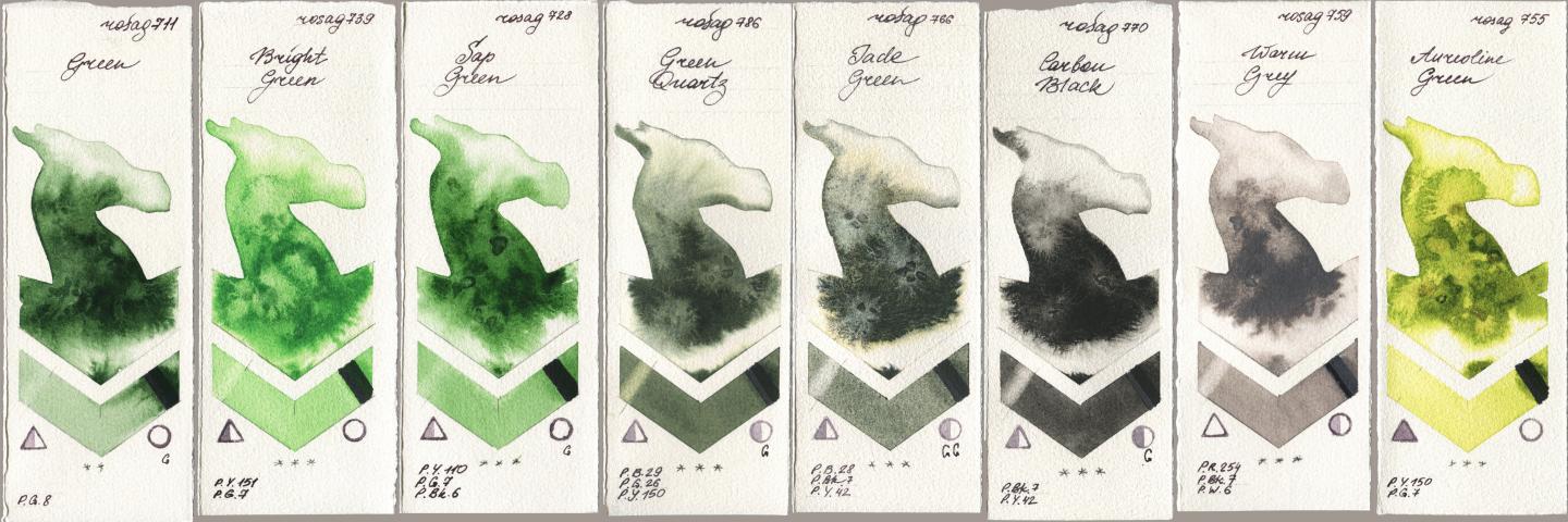 Rosa Gallery 711 Green, 739 Bright Green, 728 Sap Green, 786 Green Quartz, 766 Jade Green, 770 Carbon Black, 759 Warm Grey, 755 Aureoline Gre watercolor swatch