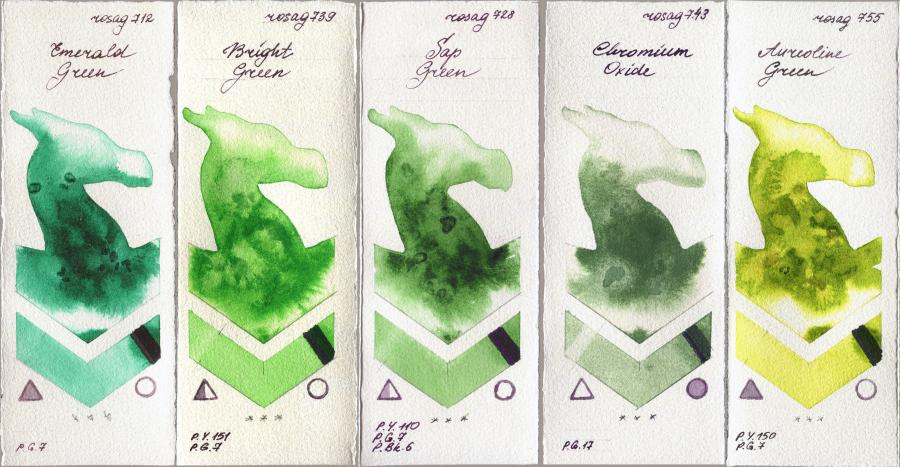 Rosa Gallery 712 Emerald Green vs 739 Bright Green vs 728 Sap Green vs 743 Chromium Oxide vs 755 Aureoline Green watercolor swatch