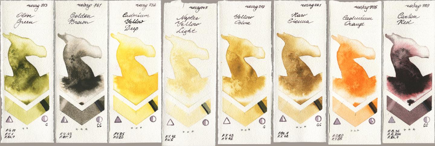Rosa Gallery 713 Olive Green, 761 Golden Brown, 732 Cadmium Yellow Deep, 745 Naples Yellow Light, 719 Yellow Ochre, 721 Raw Sienna, 705 Cadmium Orange, 769 Carbon R watercolor swatch