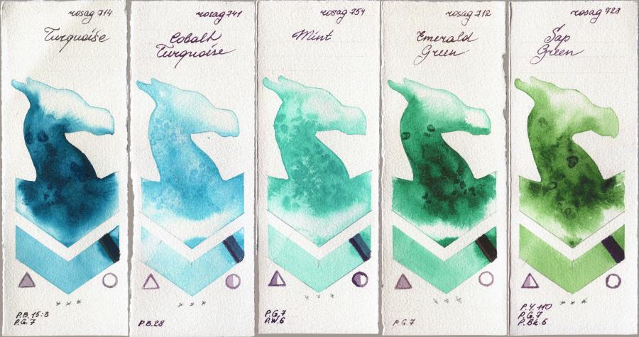 Rosa Gallery 714 Turquiose vs 741 Cobalt Turquoise vs 754 Mint vs 712 Emerald Green vs 728 Sap Green watercolor swatch