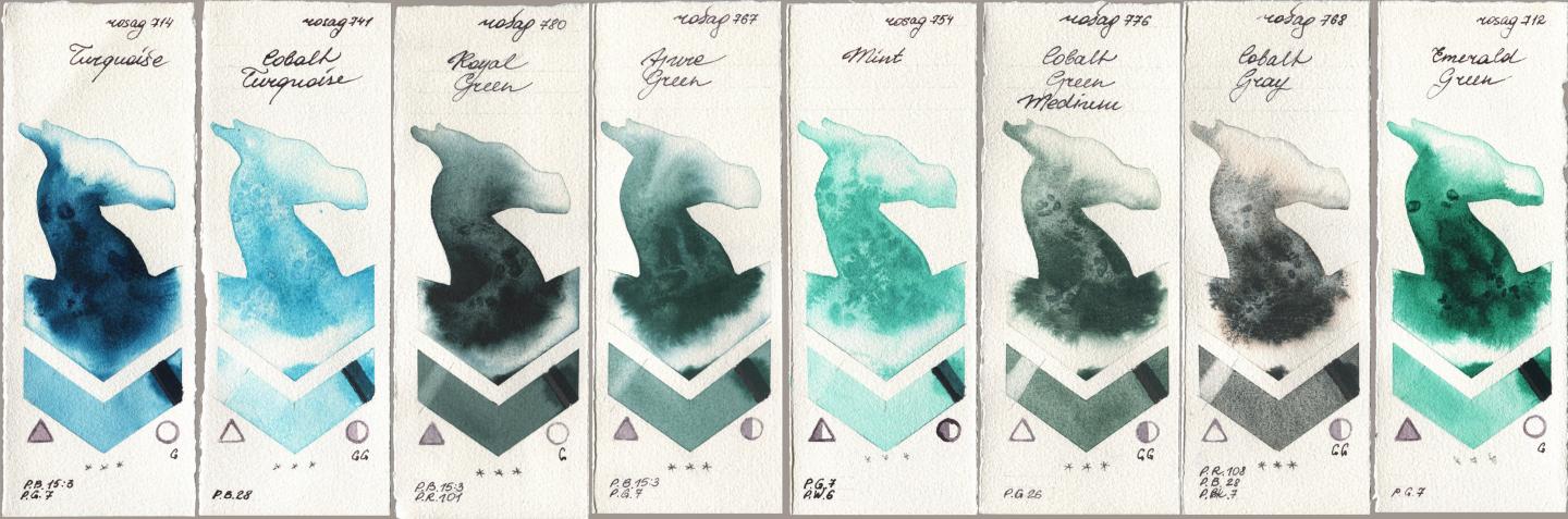 Rosa Gallery 714 Turquoise, 741 Cobalt Turquoise, 780 Royal Green, 767 Azure Green, 754 Mint, 776 Cobalt Green Medium, 768 Cobalt Gray, 712 Emerald Gre watercolor swatch