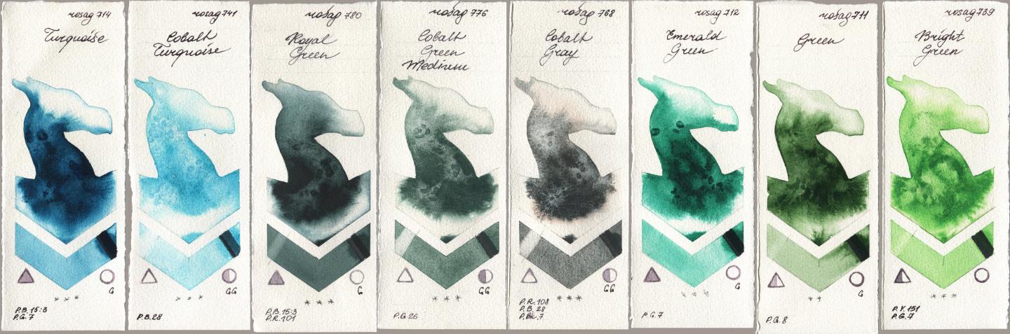 Rosa Gallery 714 Turquoise, 741 Cobalt Turquoise, 780 Royal Green, 776 Cobalt Green Medium, 768 Cobalt Gray, 712 Emerald Green, 711 Green, 739 Bright Gre watercolor swatch