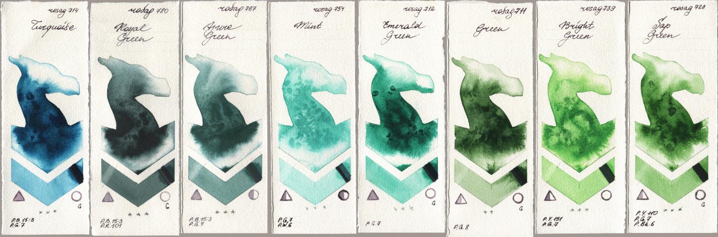 Rosa Gallery 714 Turquoise, 780 Royal Green, 767 Azure Green, 754 Mint, 712 Emerald Green, 711 Green, 739 Bright Green, 728 Sap Gre watercolor swatch