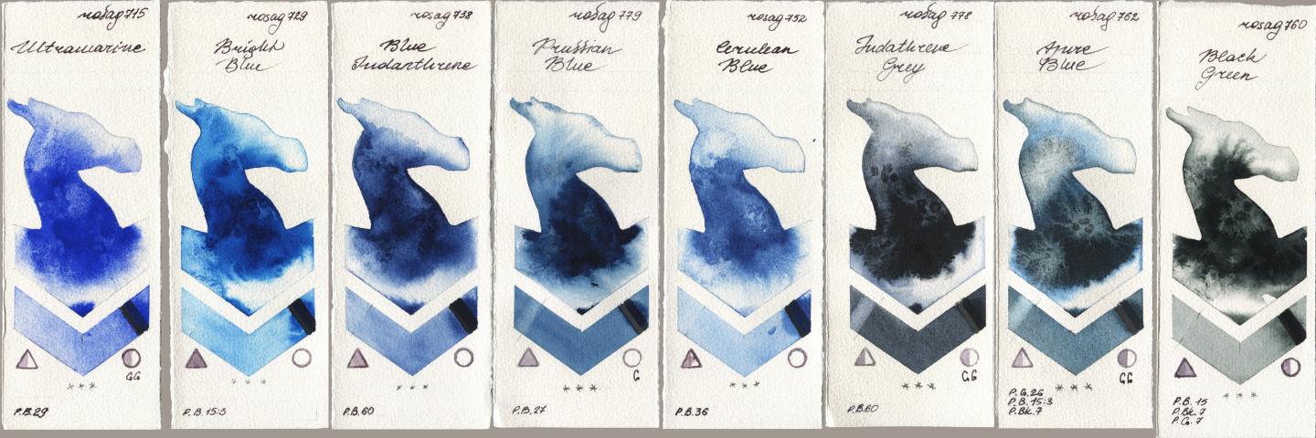 Rosa Gallery 715 Ultramarine, 729 Bright Blue, 738 Blue Indanthrene, 779 Prussian Blue, 752 Cerulean Blue, 778 Indanthrene Grey, 762 Azure Blue, 760 Black Gre watercolor swatch