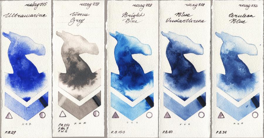 Rosa Gallery 715 Ultramarine vs 759 Warm Grey vs 729 Bright Blue vs 738 Blue Indanthrone vs 752 Cerulean Blue watercolor swatch