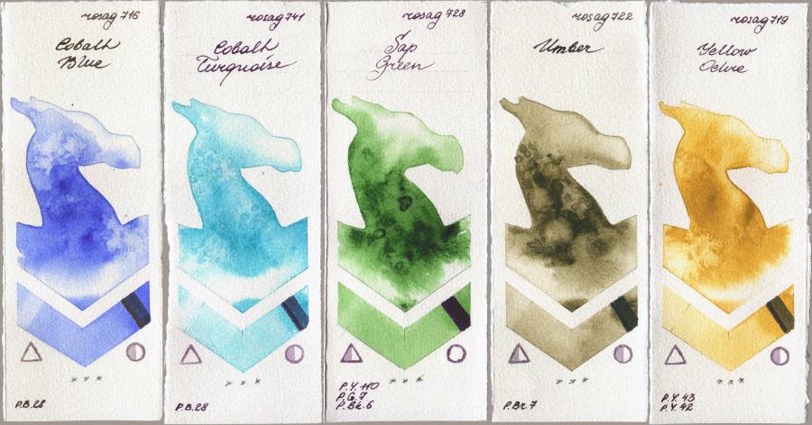 Rosa Gallery 716 Cobalt Blue vs 741 Cobalt Turquoise vs 728 Sap Green vs 722 Umber vs 719 Yellow Ochre watercolor swatch