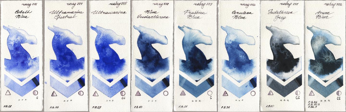Rosa Gallery 716 Cobalt Blue, 777 Ultramarine Spectral, 715 Ultramarine, 738 Blue Indanthrene, 779 Prussian Blue, 752 Cerulean Blue, 778 Indanthrene Grey, 762 Azure Bl watercolor swatch
