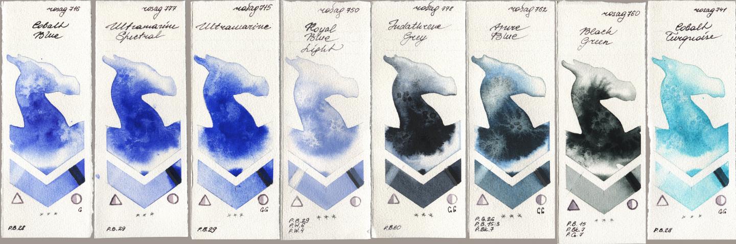 Rosa Gallery 716 Cobalt Blue, 777 Ultramarine Spectral, 715 Ultramarine, 750 Royal Blue Light, 778 Indanthrene Grey, 762 Azure Blue, 760 Black Green, 741 Cobalt Turquoi watercolor swatch
