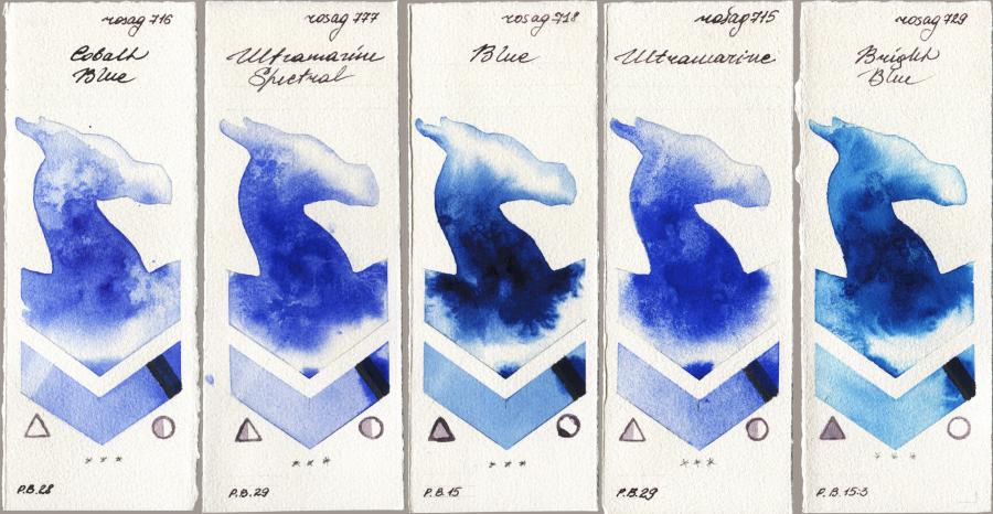 Rosa Gallery 716 Cobalt Blue vs 777 Ultramarine Spectral vs 718 Blue vs 715 Ultramarine vs 729 Bright Blue watercolor swatch