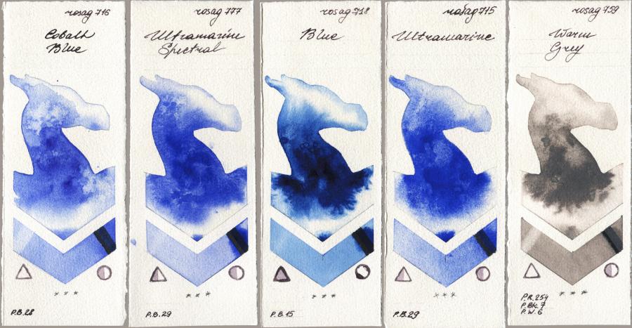 Rosa Gallery 716 Cobalt Blue vs 777 Ultramarine Spectral vs 718 Blue vs 715 Ultramarine vs 759 Warm Grey watercolor swatch