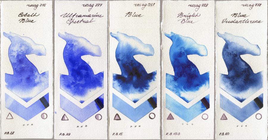 Rosa Gallery 716 Cobalt Blue vs 777 Ultramarine Spectral vs 718 Blue vs 729 Bright Blue vs 738 Blue Indanthrone watercolor swatch