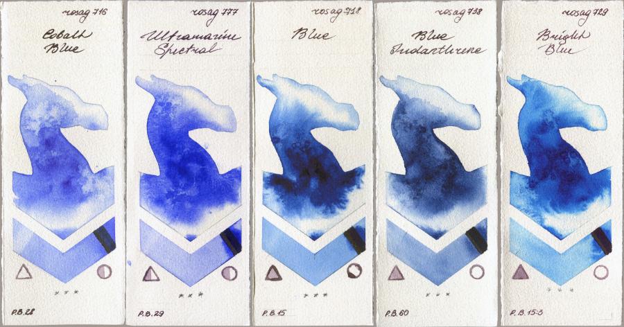 Rosa Gallery 716 Cobalt Blue vs 777 Ultramarine Spectral vs 718 Blue vs 738 Blue Indanthrone vs 729 Bright Blue watercolor swatch