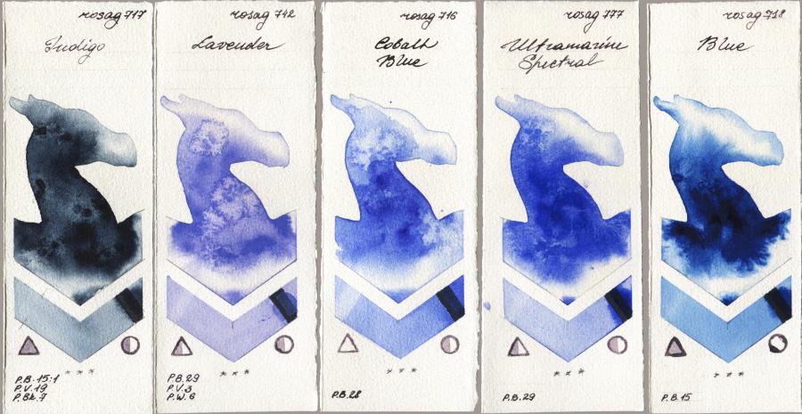 Rosa Gallery 717 Indigo vs 742 Lavender vs 716 Cobalt Blue vs 777 Ultramarine Spectral vs 718 Blue watercolor swatch
