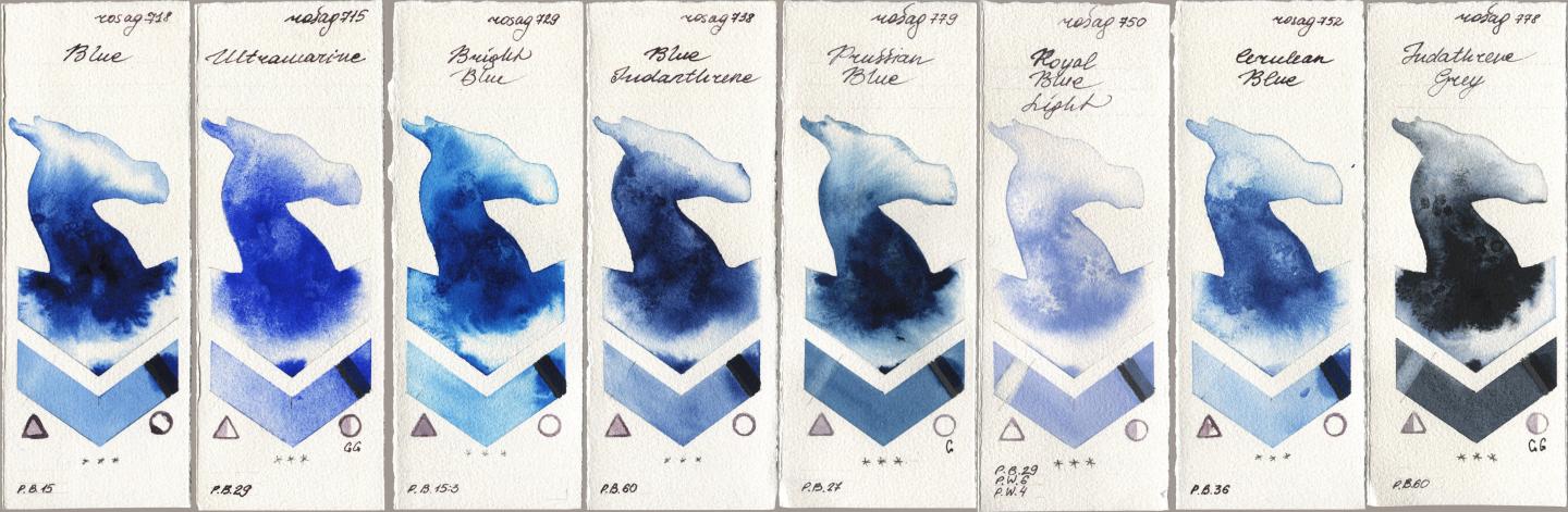 Rosa Gallery 718 Blue, 715 Ultramarine, 729 Bright Blue, 738 Blue Indanthrene, 779 Prussian Blue, 750 Royal Blue Light, 752 Cerulean Blue, 778 Indanthrene Gr watercolor swatch