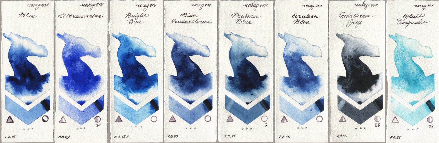 Rosa Gallery 718 Blue, 715 Ultramarine, 729 Bright Blue, 738 Blue Indanthrene, 779 Prussian Blue, 752 Cerulean Blue, 778 Indanthrene Grey, 741 Cobalt Turquoi watercolor swatch