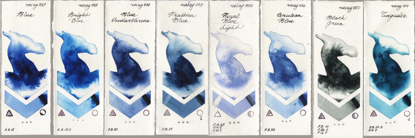 Rosa Gallery 718 Blue, 729 Bright Blue, 738 Blue Indanthrene, 779 Prussian Blue, 750 Royal Blue Light, 752 Cerulean Blue, 760 Black Green, 714 Turquoi watercolor swatch