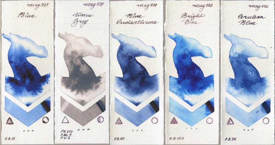 Rosa Gallery 718 Blue vs 759 Warm Grey vs 738 Blue Indanthrone vs 729 Bright Blue vs 752 Cerulean Blue watercolor swatch