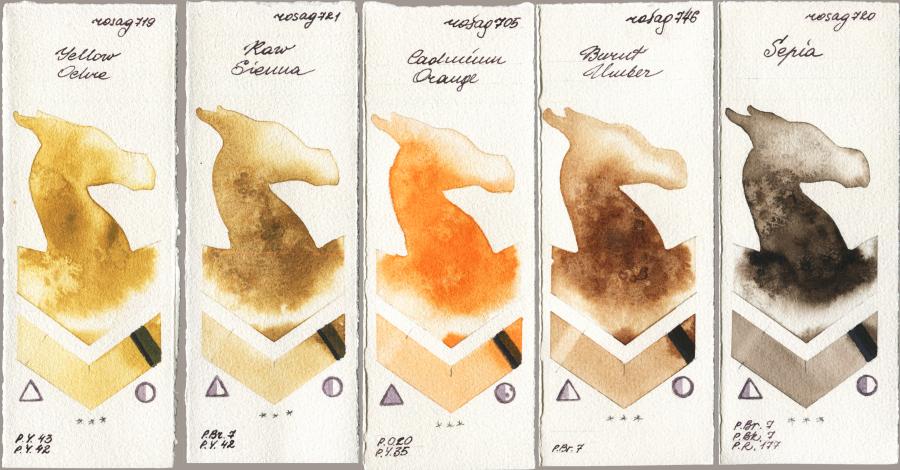 Rosa Gallery 719 Yellow Ochre vs 721 Raw Sienna vs 705 Cadmium Orange vs 746 Burnt Umber vs 720 Sepia watercolor swatch