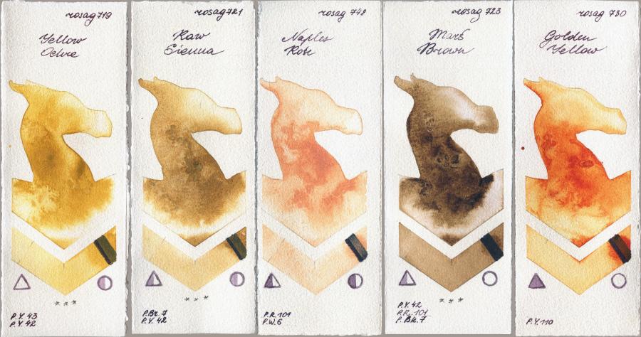 Rosa Gallery 719 Yellow Ochre vs 721 Raw Sienna vs 748 Naples Rose vs 723 Mars Brown vs 730 Golden Yellow watercolor swatch