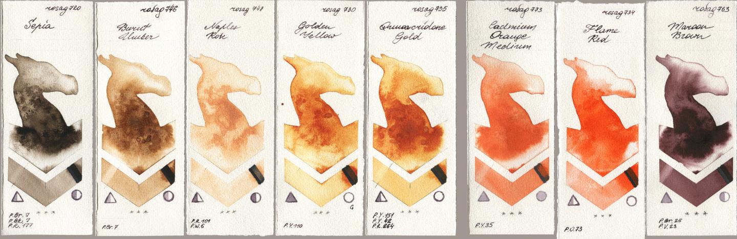 Rosa Gallery 720 Sepia, 746 Burnt Umber, 748 Naples Rose, 730 Golden Yellow, 735 Quinacridone Gold, 773 Cadmium Orange Medium, 734 Flame Red, 763 Maroon Bro watercolor swatch