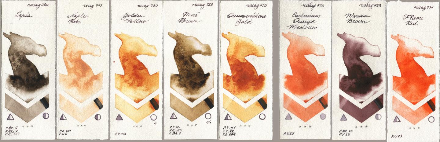 Rosa Gallery 720 Sepia, 748 Naples Rose, 730 Golden Yellow, 723 Mars Brown, 735 Quinacridone Gold, 773 Cadmium Orange Medium, 763 Maroon Brown, 734 Flame R watercolor swatch