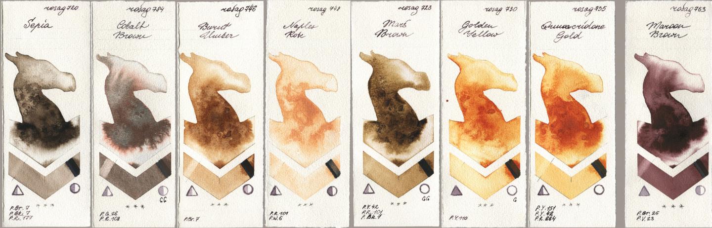 Rosa Gallery 720 Sepia, 784 Cobalt Brown, 746 Burnt Umber, 748 Naples Rose, 723 Mars Brown, 730 Golden Yellow, 735 Quinacridone Gold, 763 Maroon Bro watercolor swatch