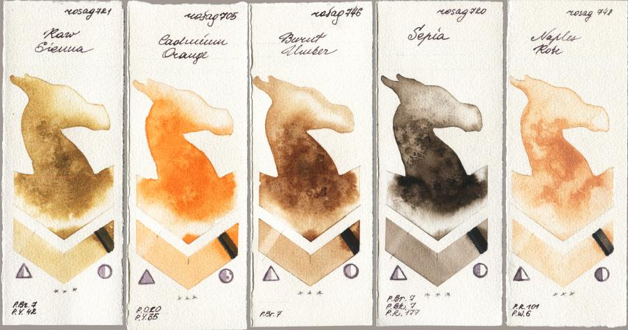 Rosa Gallery 721 Raw Sienna vs 705 Cadmium Orange vs 746 Burnt Umber vs 720 Sepia vs 748 Naples Rose watercolor swatch