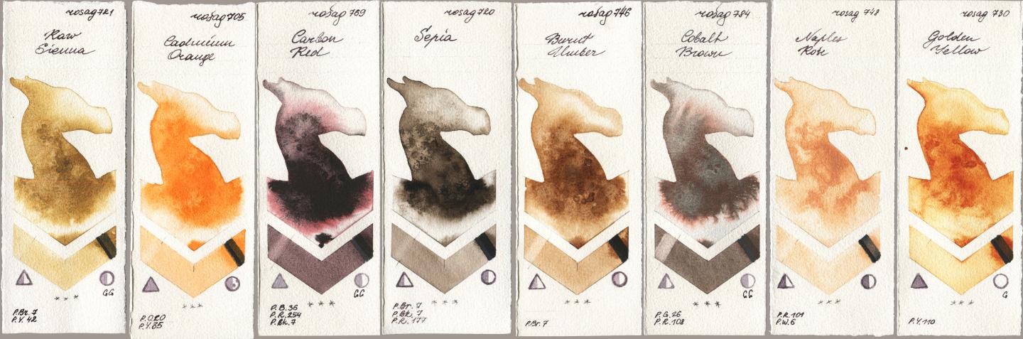 Rosa Gallery 721 Raw Sienna, 705 Cadmium Orange, 769 Carbon Red, 720 Sepia, 746 Burnt Umber, 784 Cobalt Brown, 748 Naples Rose, 730 Golden Yell watercolor swatch
