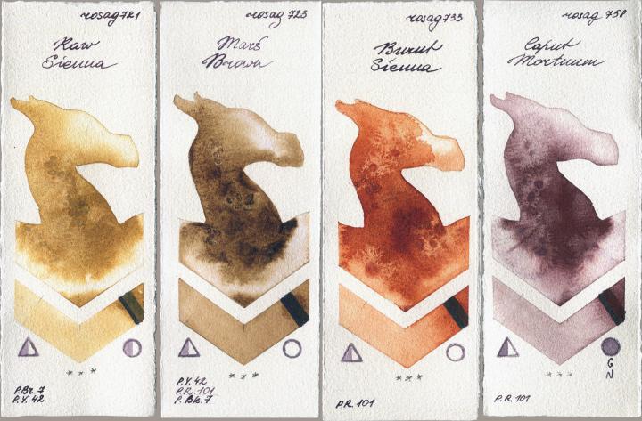 Rosa Gallery 721 Raw Sienna vs 723 Mars Brown vs 733 Burnt Sienna vs 758 Caput Mortuum watercolor swatch