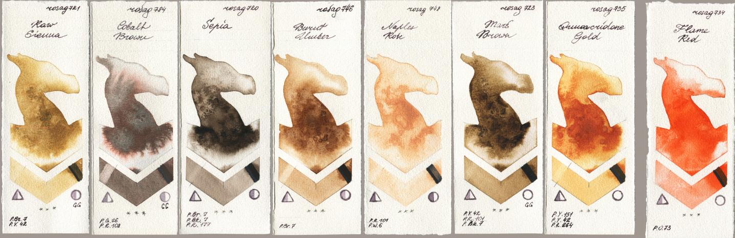 Rosa Gallery 721 Raw Sienna, 784 Cobalt Brown, 720 Sepia, 746 Burnt Umber, 748 Naples Rose, 723 Mars Brown, 735 Quinacridone Gold, 734 Flame R watercolor swatch
