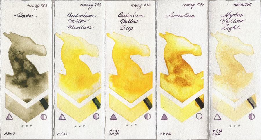 Rosa Gallery 722 Umber vs 703 Cadmium Yellow Medium vs 732 Cadmium Yellow Deep vs 751 Aureoline vs 745 Naples Yellow Light watercolor swatch
